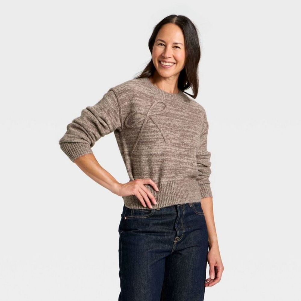 Women's Holiday Crewneck Pullover Sweater - Universal Thread Brown Bow S